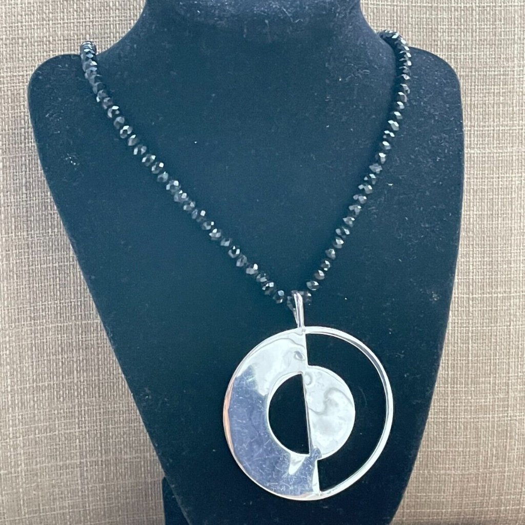 Argento Vivo Women Necklaces Silver Tone Black Beaded Studios Disc Pendant